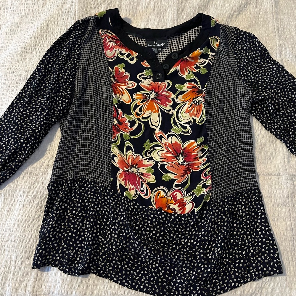 Carole Little Black Floral Blouse vintage top long sleeve